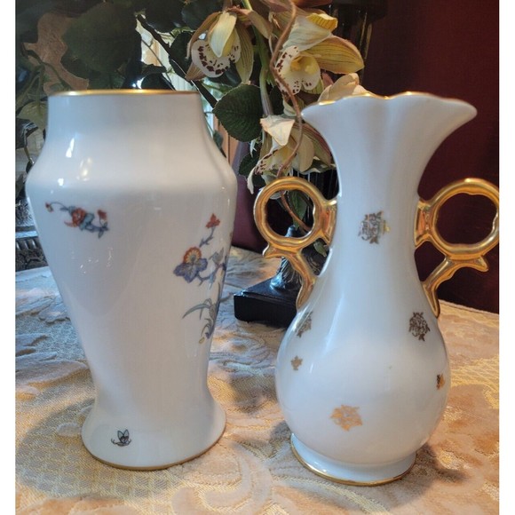 Limoges France Porcelaine Malbec Hand Painted Floral Gold Vase Vintage Set - Picture 3 of 8
